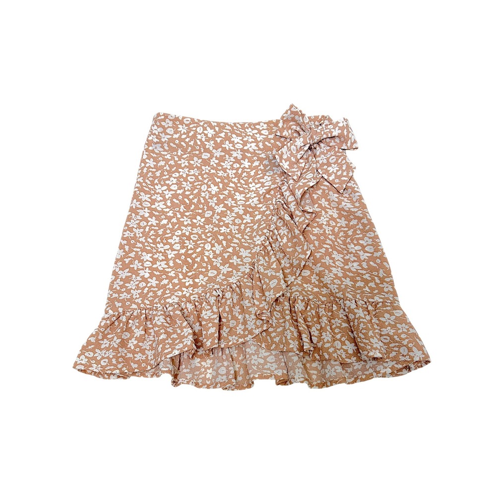 SHEIN Ruffle Wrap Mini Skirt XS Tan Floral Bow Detail Cottagecore Summer Boho